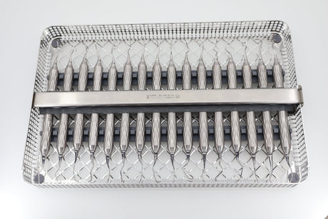 ZEPF Washtray 1/1 (85.180.00) holding 16 hygiene instruments on the lengthwise retainer - top view