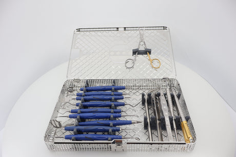 ZEPF ECO Implatool Set 24.961.05 complete in ZEPFcare washbasket with cobalt-blue bIONIK handles, lid open