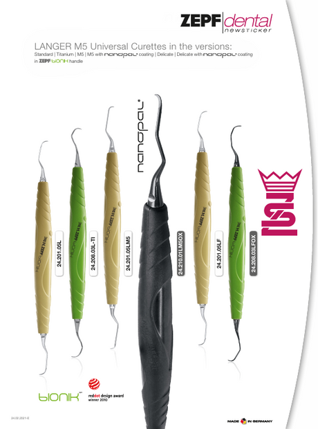 Helmut Zepf Brochure featuring Langer M5 Universal Curettes in Standard, Titanium, Nanopau coating, and Delicate versions