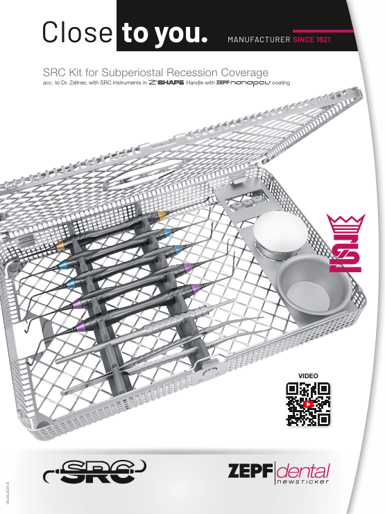 Helmut Zepf Brochure SRC Kit for Subperiostal Recession Coverage with dental instruments tray