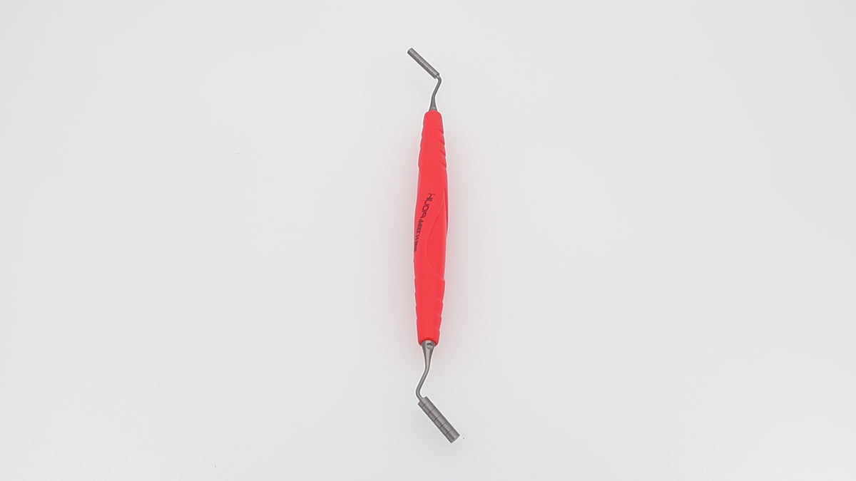 Combination Instrument Bone Filler/Condenser with Depth Measurement - Diameter 3.0 and 4.0 mm, Graduation 3/6/9/12/15 mm, Titanium M4 X 0.5 Inserts, ZEPF-bIONIK QuickFix Handle in Lightred-Magenta | Helmut Zepf No. 24.532.20