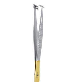 Strip Grip strip holding tweezers, Helmut Zepf No. 22.998.14, with diamond coated gripping tips and gold anodized handle