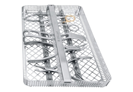 Geibel Basic Surgical Instrument Set washbasket: bone rongeurs, micro needle holder, SuperCut scissors, tissue forceps and cheek retractor