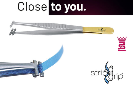 Strip Grip strip holding tweezers by Helmut Zepf No. 22.998.14 with diamond coated tips and gold handle, shown gripping a finishing strip interproximally