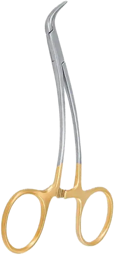 Curved surgical forceps with gold ring handles